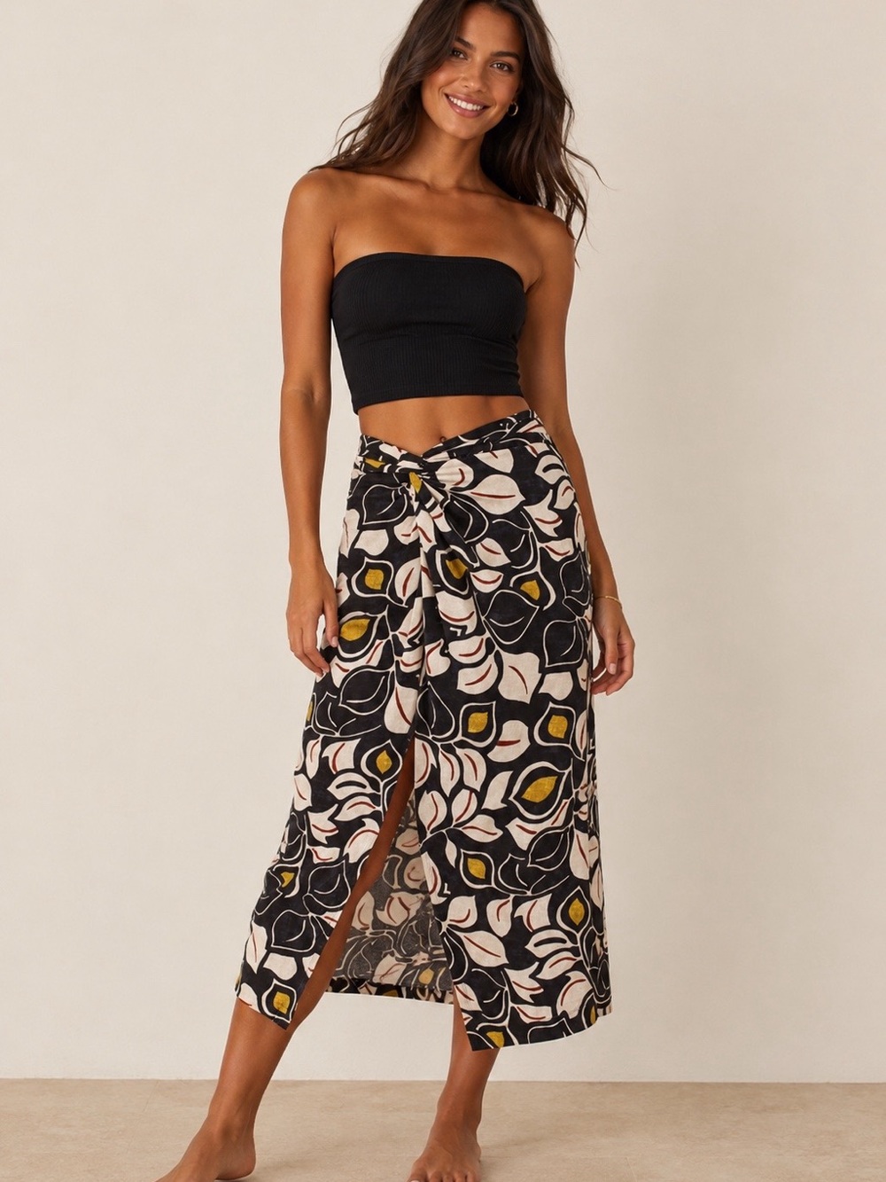 Anthropologie Sheila Midi Stretch Twist Wrap Skirt Leaf Print XS